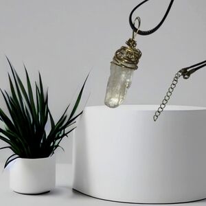 4/$15 Crystal Pendant Necklace Lumerian Quartz Aprox 1.2" Mostly Clear Gold Wire